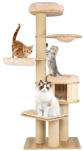 COSTWAY Tall Cat Tree, Wooden Cat Climbing Tower with Scratching Posts, Condo, Hammock/Space Capsule, Kitten Activity Center for Indoor Cats