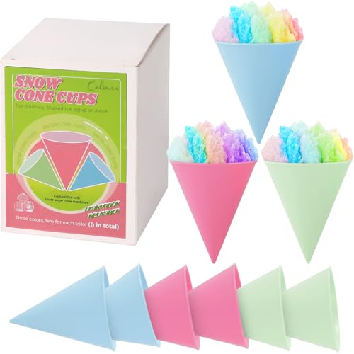 Calvana (6-Pack) Reusable Plastic Snow Cone Cups, Compatible with Nostalgia and Cuisinart Snow Cone Machine, Shaved Ice Cups for Syrup, Kid-Friendly, 6oz