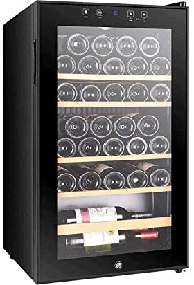 Suuim Enfriador termoeléctrico de Vino Tinto y Blanco de 33 Botellas, refrigerador de Vino Independiente, Pantalla Digital de Temperatura, Puerta de Vidrio Templado de Doble Capa, silenciosa
