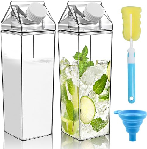 CoKeeSun Clear Milk Carton 2pcs,Milk Carton Water Bottle 500ml/17.6oz,Transparent Square Milk Dispenser with 1 Sponge Cup Brush & Funnel,Juice Container Bottle for Camping Indoor Outdoor Sports Travel