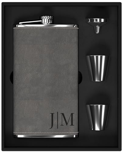 Flasque a Alcool Personnalisé, Flasque Whisky en Inox 304 12oz/355ml Personnalisable avec Initiales, Fiole Alcool Personnalisé pour Cadeau Homme (Gris)