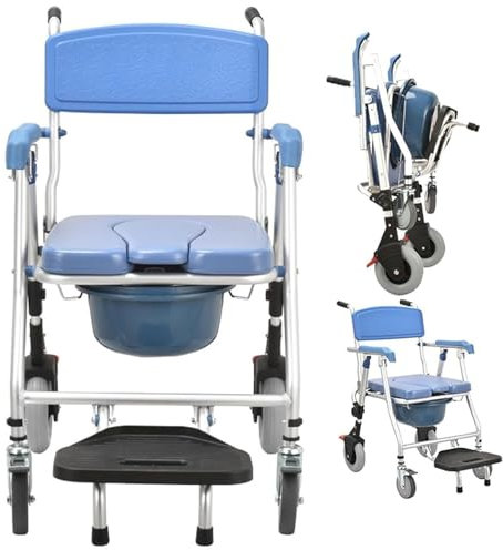 ENWYTE Toilettenstuhl Faltbar mit Rollen für Senioren und Schwangere Duschstuhl mit Weichem Sitzpolster und Bremsen WC Stuhl aus Fahrbarem Rollstuhl für Badezimmer und Toilette