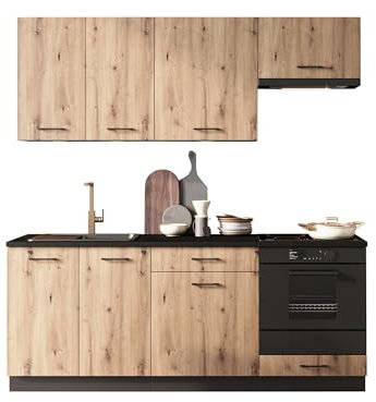 Mirjan24 Küche Anduvo 200 cm, Küchenblock/Küchenzeile, 6 Schrank-Module frei kombinierbar, Arbeitsplatte im Set (Graphit/Artisan Eiche, mit weißer LED Beleuchtung)