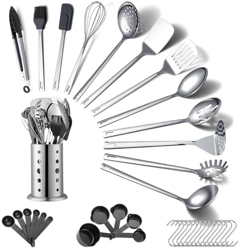 ReaNea Juego de utensilios de cocina de acero inoxidable 40 piezas con soporte para utensilios, utensilios de cocina elementos esenciales, juego de espátula de metal