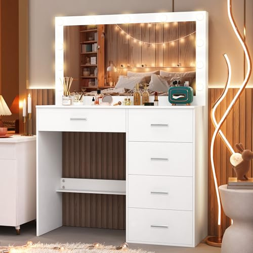 Puselo Schminktisch mit Beleuchtung und Spiegel, Frisiertisch mit 5 Schubladen und Hocker, Weißer Kosmetiktisch für Schlafzimmer 80x36x130cm