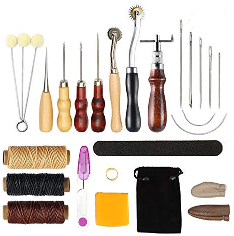 ANKROYU 17 PCS Home Mini Sewing Kit, Leather Hand Stitching Kit with Groover Awl Waxed Thimble Thread, Leather Sewing Kit, Wax Thread for Sewing