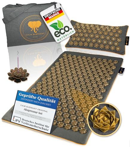CALM ELEPHANT ORIGINAL PURE ECO Set XL Tappetino Agopressione Campo di Fiori con Cuscino Ergonomico, Funzione Riscaldante, Riflessologia, Anti-Stress – Sollievo per Schiena, Collo e Spalle – Grigio