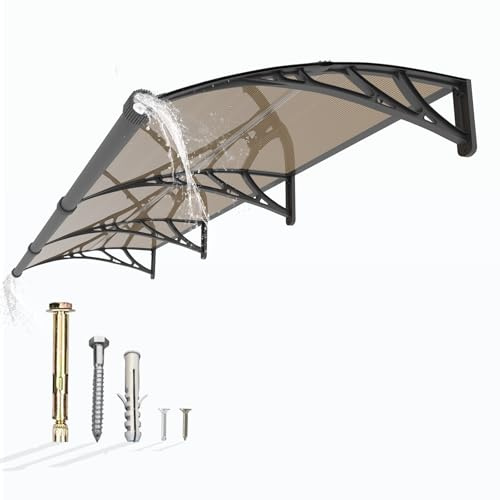 Window Awning Door Canopy 40x120, Awnings for Doors Polycarbonate Cover Patio Door Awning UV Rain Snow Sunlight Protection Hollow Sheet with Separate Drainage Sink, Black Bracket & Brown Board
