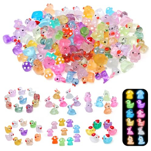 LEADSTAR 100 Pezzi Mini Animali in Resina,Mini Luminose Anatre,Coniglio,Unicorno,Miniatures Resina Animali Figure per DIY Potting Acquario Giardino Paesaggio Casa delle Bambole Decorazione Vaso