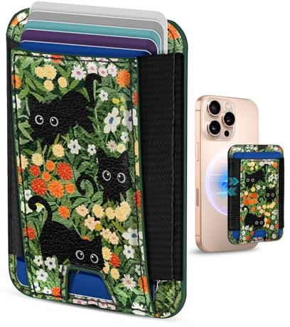 Kokaade Compatible with Magsafe Wallet - for Magnetic Leather Card Holder Flower Cat Design for Women Girls for iPhone 16/15/14/13/12 Series Cute Aesthetic Design Card Wallet with Elastic, Fit 7 Cards