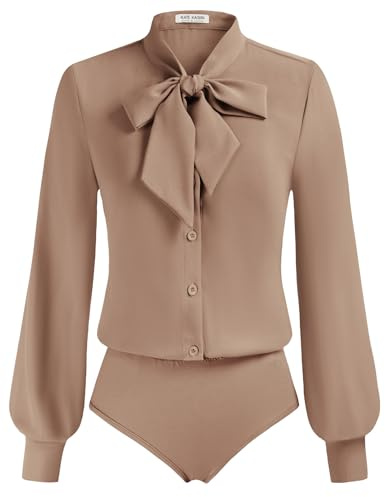 Kate Kasin Womens Button Down Shirt Business Casual Work Professional Blouse Dress Casual Bow Tie Neck Bodysuit Tops Camel L