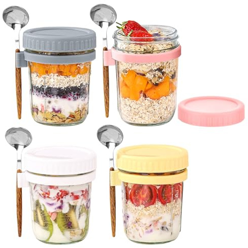 Lot de 4 bocaux pour avoine pendant la nuit avec couvercles et cuillères, bocaux en verre Mason de 16 oz pour avoine pendant la nuit, contenant hermétique pour flocons de maïs, fruits, légumes, lait