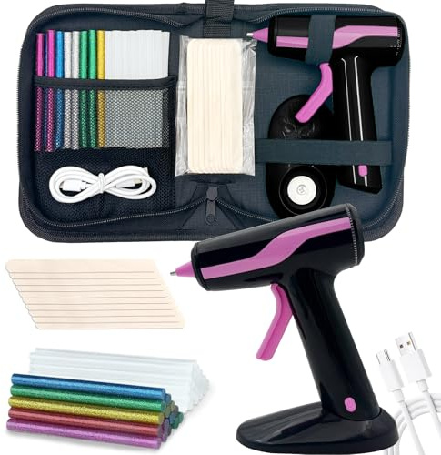 Pistola de pegamento caliente inalámbrica, pistola de pegamento termofusible recargable de 2 Ah, batería incorporada, apagado inteligente con 30 barras de pegamento premium, 10 varillas de madera para