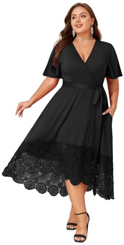 LapaPlus Übergröße Damen Spitzen Hochzeitsgäste Kleider Abendkleid Cocktailkleid V-Neck Kurzarm Sommerkleid mit Taschen