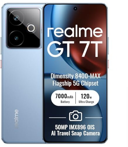 realme GT 7T 5G Smartphone 12+512GB, Azul IceSense, Pantalla de 6.8 Pulgadas, Refresco de 120Hz, Carga Rápida de 120W, Batería de 7000mAh, Cámara IA de 58MP, Chipset MediaTek Dimensity 8400, IP68