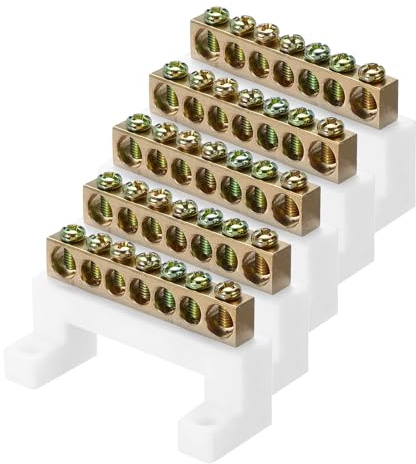 sourcing map 5 barre terminali a terra, 7 posizioni a vite, in ottone, morsettiera di messa a terra 8 x 12 mm per apparecchiature elettriche, scatola di distribuzione, bianco