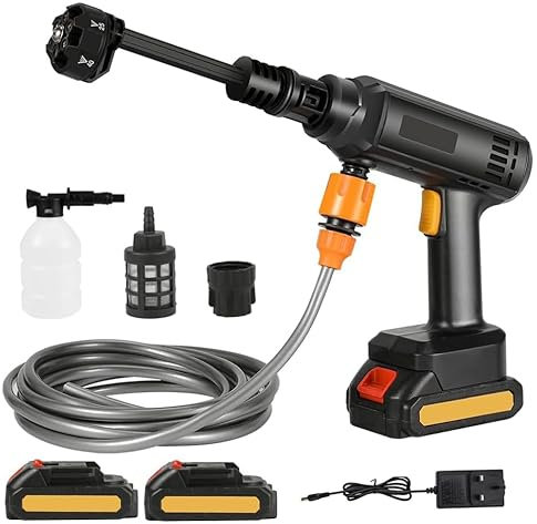 Cordless Pressure Washer 60 bar, Portable High Pressure Washer Gun with 2 Batteries, 6-in-1 Adjustable Nozzle, 5m Water Hose, Hydroblast for Gardens, Car, Windows