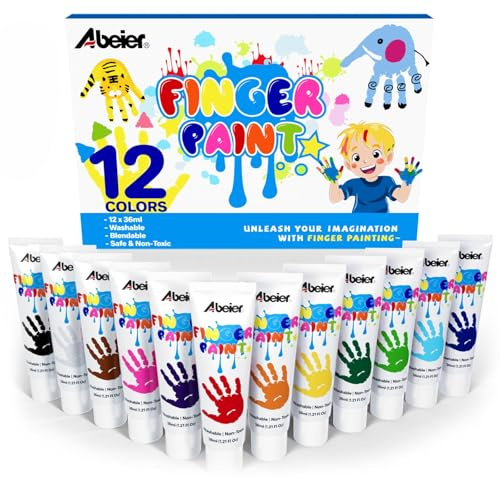 ABEIER Colori a dita per bambini, atossici, resistenti al lavaggio, 12 x 36 ml, lavabili, per bambini, per l'asilo, la scuola, l'apprendimento precoce, a casa