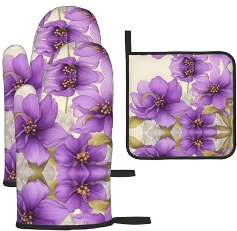 WZYWHJ Set di 3 presine da forno con stampa di bellissimi fiori viola, tessuto spesso, resistente e impermeabile per protezione dal calore