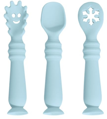 Lernlöffel für Baby, 3er Set, Starter Breilöffel Fütterlöffel Babylöffel Silikon Esslernlöffel Weich Flexibel Kinder Besteck BPA-frei für Säugling Kind Kleinkind ab 4 Monaten (Blau)