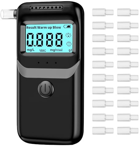 Alkoholtester Polizeigenau, Promillemessgerät mit 20 Mundstücken, Professioneller Alkoholmessgerät, Tragbarer Atemalkoholtester, Promilletester für privaten professionellen (Batterien nicht enthalten)
