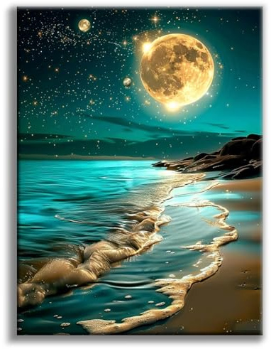 Diamond Painting Erwachsene Strand, Mond 5D Diamond Painting Bilder | Landschaft Diamant-malerei Erwachsene, Natur Diamantmalerei-set für Geschenk, zur Entspannung und als Wanddeko 30x40 cm