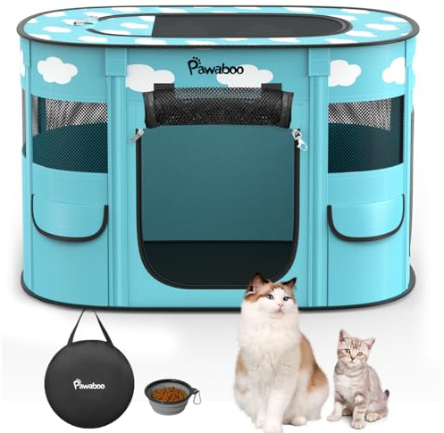 Pawaboo Parque para Mascotas Portátil, Jaula de Mascotas Perros Plegable de Oxford Impermeable con Bolsa de Transporte y Cuenco Plegable, Valla para Mascota Gatos y Conejos, M, Azul + Nubes Blancas