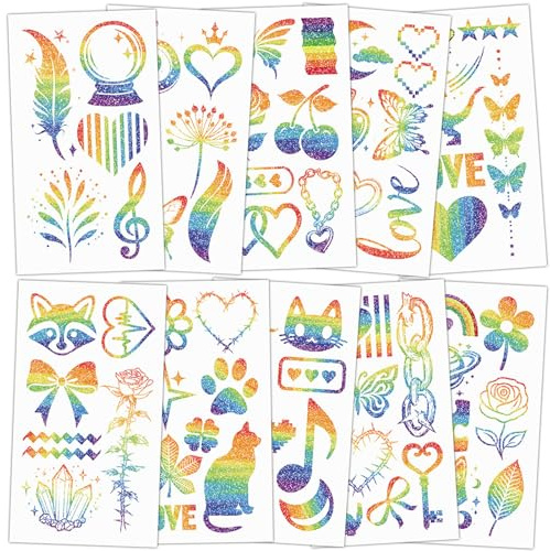 Qpout 67pcs Glitter Regenbogen temporäre Tattoos, Schmetterling Herz Blume Regenbogen Flagge Körperkunst Aufkleber, 10 glänzende Gesicht Tattoos für Mädchen Jungen Geburtstag Party Pride