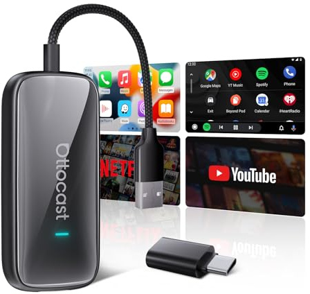 OTTOCAST Play2Video Ultra, 2025 Adaptador inalámbrico CarPlay & Android Auto con Netflix/YouTube/IPTV/Prime Video integrados, Caja AI de Android 12.0 para vehículos con CarPlay cableado de fábrica