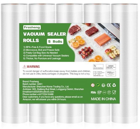Frasheng 5 Rollos Bolsas Vacio Alimentos, 28 x 300 cm, Bolsas de Vacio Gofradas, Bolsas Envasar al Vacio Alimentos, Sin BPA, Rollos al Vacio para Envasadora al Vacío para Conservación de Alimentos