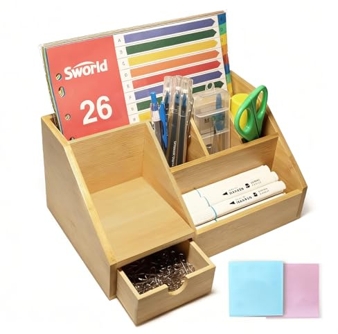 Holz Schreibtisch Organizer mit Schublade, Bambus Stiftehalter & Büroablage | Praktisches Schreibtischzubehör für Stifte, Notizblöcke & Kleinteile – ideal für Home-Office, Büro & Zuhause