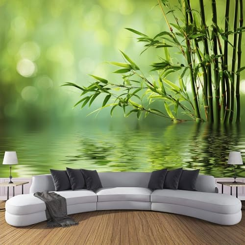 Papel Tapiz 3D, Murales Fotográfico con Estampado Paisaje Natural, Papel Tapiz de Superficie Agua Bosque De Bambú, Decoración de Pared para Sala de Estar Dormitorio Sofá, Verde menta, 300Anx210Al cm