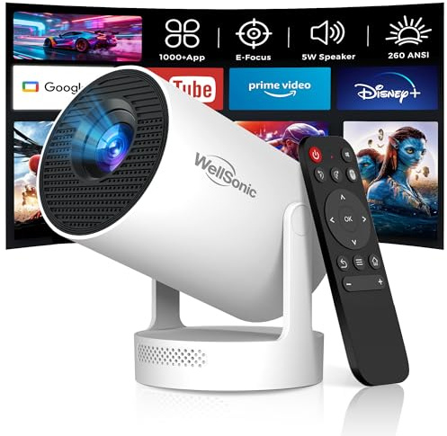 【Built-in APPS&Electric Focus】WellSonic Mini Projector with Wifi and Bluetooth, Portable Projector 4K Support, 5W Speaker, Auto Vertical Keystone&180°Rotatable, Smart Proyector for Movie Home Outdoor