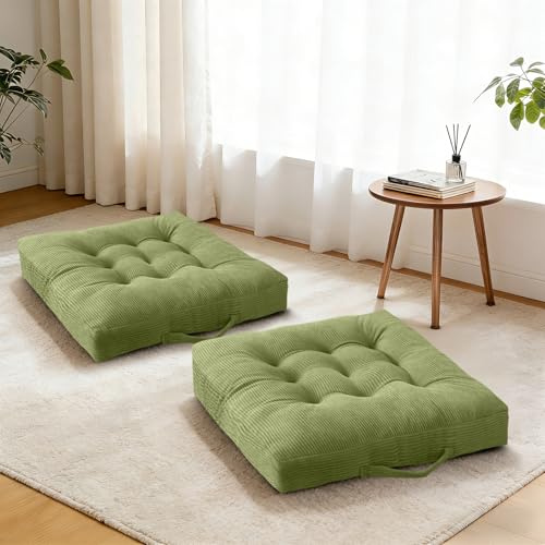 Cyditan Floor Cushion Green Portable Chair Pads with Handle 2 Pack, 18x18 Inch Tufted Velvet Square Floor Cushions, Comfortable Seats for Kitchen Bar Stools & Patio
