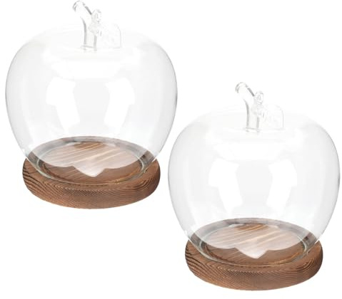 Amosfun Lot de 2 Cloches Décoratives en Verre de Pomme avec Base en Bois Vintage, Dôme Protecteur Transparent Anti-poussière pour Figurines, Plantes et Objets Artisanaux, Vitrine