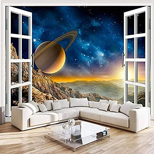 Papel pintado - Mural de seda XXL Foto Exterior Ventana Paisaje PlanetLiving Room Sofá TV Telón de fondo para las paredes del dormitorio 3D Fotomurales