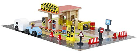 Jeujura - Station Service 80 Pièces - Jeu de Construction dès 3 Ans - 8221 | Jeu en bois enfant - Personnages, accessoires et tapis de jeu inclus - Valisette rangement - Imagination - Fabriqué en France