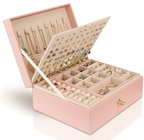 Chelory Jewellery Box Organiser for Women Girls, 3 Layer Large Jewellery Storage Case for Rings Earrings Necklace Bracelets Faux Leather Jewelry Gift Box (Pink)