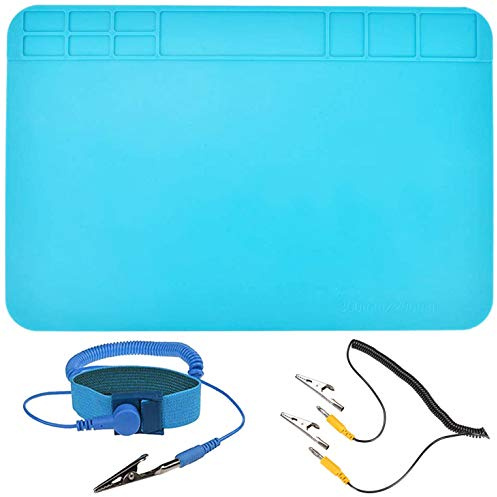 Youmile Soldering Mat Silicone Mat 932°F 11.8 x 7.8inch / 30 x 20cm Heat-Resistant Mat for Electronics Repair with Alligator Clip Grounding Cable, Anti-static Wrist