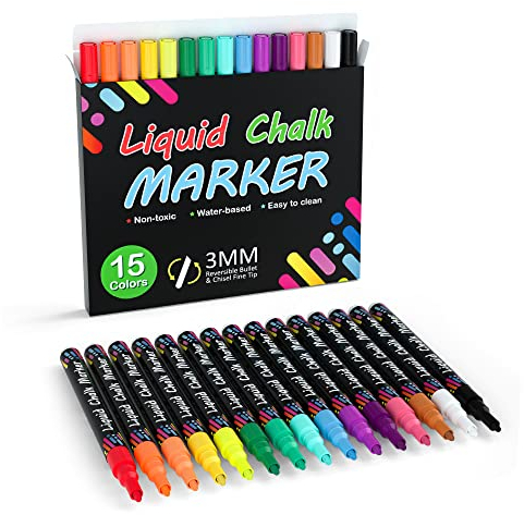 Shuttle Art Liquid Chalk Pens, 15 Colours Wipeable Chalk Markers for Crafting, Reversible 3mm Chisel & Fine Tip Chalk, Perfect on blackboard, Window, Glass, Wood, Office Home Supplies