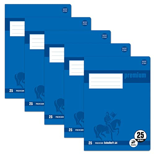Staufen Premium Schulheft - DIN A4, Lineatur 25 (9mm liniert mit Rand), 16 Blatt, 90g/m² Premium Papier, 5 Stück