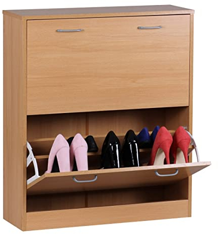 möbelando Schuhkipper KIEL Buche matt 2 Fächer 75 x 87 x 24 cm | Design Holz-Schuhschrank zum klappen | Schuhkommode modern mit Ablage