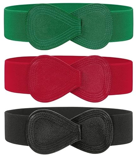 WERFORU 3 Stücke Damen Breit Elastischer Gürtel Frauen Stretchy Taillengürtel Mode Cinch für Kleider Schwarz/Grün/Rot