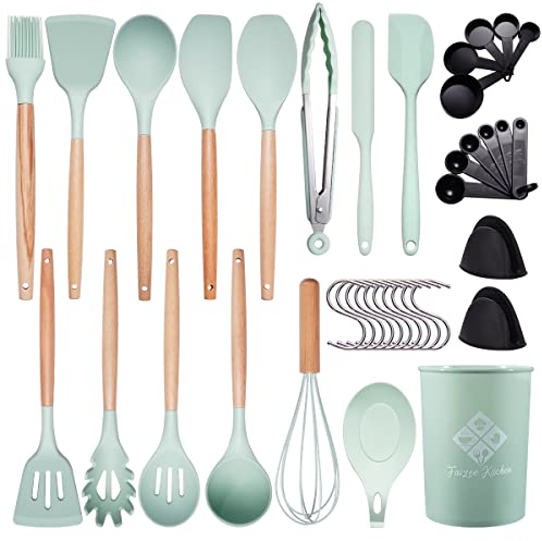 Faizee Möbel Set 38tlg Türkis Silikon Kochbesteck Holzgriff Küchenutensilien Küchenzubehör