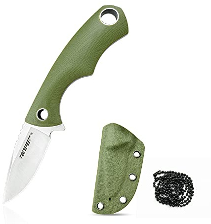 TONIFE Squirrel kniv med full genomskärning, fast blad 4,3 cm Total 11,9 cm med Kydex-slida och kulkedja för jakt, camping, överlevnad (Grön)