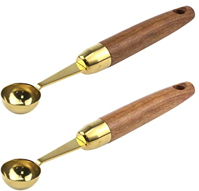 Curqia 2 paquetes de cuchara de acero inoxidable para melón, cuchara de bola de helado, cuchara de sorbete, cuchara de albóndigas con mango de madera (tamaño grande)