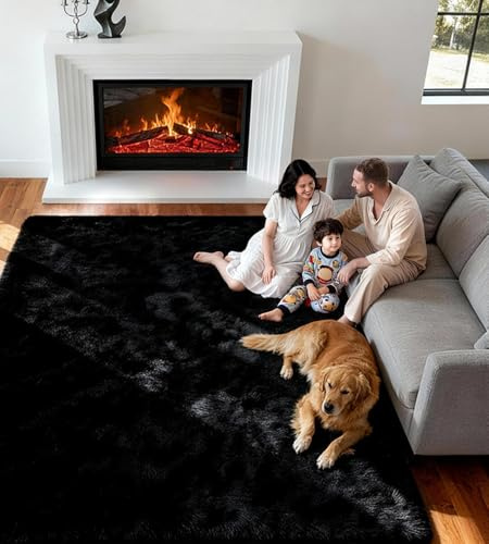 VOFUSHON Teppich Wohnzimmer 200 x 300 cm Schwarz | Hochflor, Waschbar, OEKO-TEX Zertifiziert, 35D Rückprallschaum, Schlafzimmer, Rutschfeste Unterseite, Flauschig