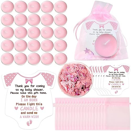 50 Sets Pink Baby Shower Favours for Girls with Thank You Cards | Pink Glitter Tea Light Candles & Organza Bags | Gender Reveal Party Gifts for Guests, Little Princess Theme