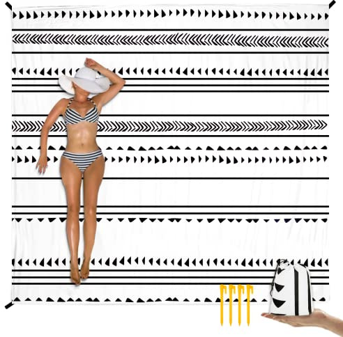 BEW Large Beach Blanket for 1-4 Adults, 78in×86in Waterproof Sandproof Blankets with 4 Stakes & Corner Pockets, Polyester Lightweight Foldable Outdoor Picnic Mat, Camping, Hiking White-black Lines