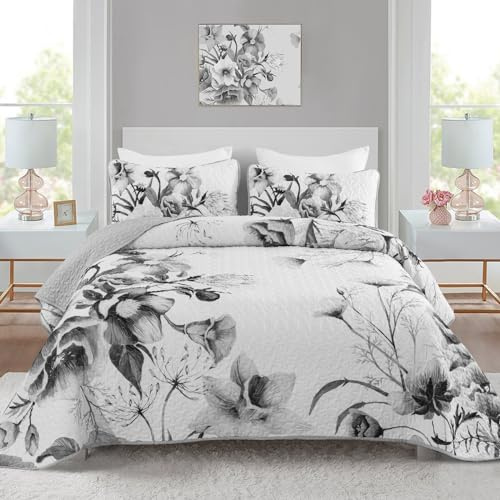 Floral Quilt Set Queen 3 Pieces Grey Floral Quilt Coverlet Set Soft Microfiber Lightweight White Quilted Bedspread for All Season 90x96